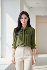Tie-Neck Blouse in Forest Olive - Front Pose