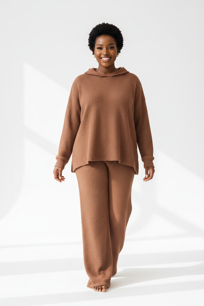 Luxury Waffle Knit Lounge Set — Soft Cocoa Brown, Front Standing Pose