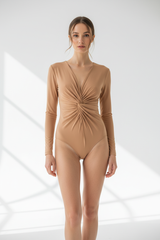 Luxury Front Twist Long-Sleeve Bodysuit – Nude Beige – Front Pose