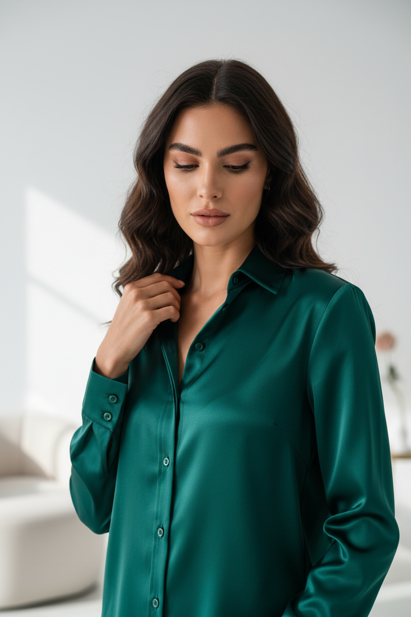 Luxury satin button-up shirt in Deep Emerald, detail close-up of collar and fabric
