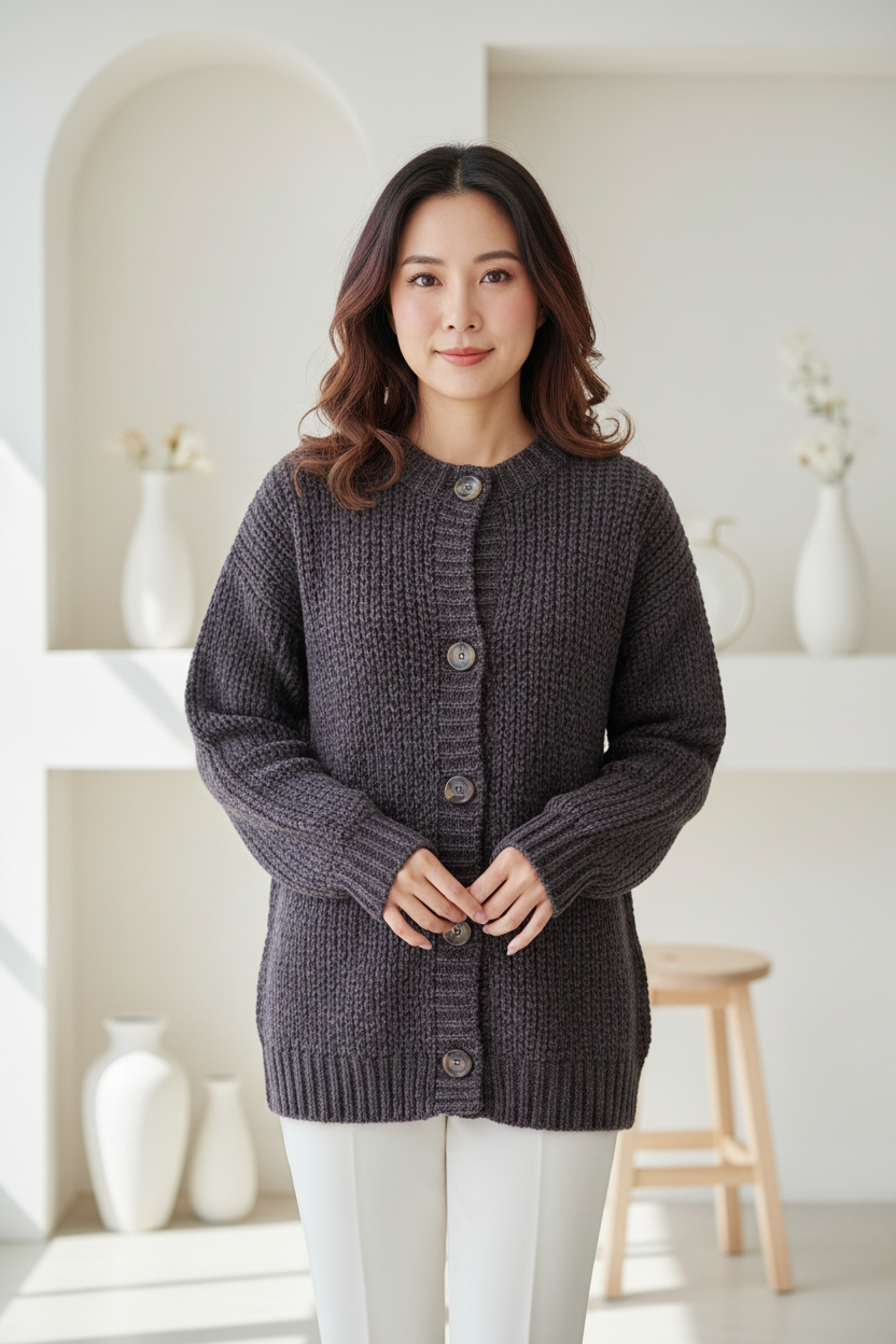 Luxury cardigan sweater in Charcoal Plum, front facing pose
