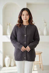 Luxury cardigan sweater in Charcoal Plum, front facing pose