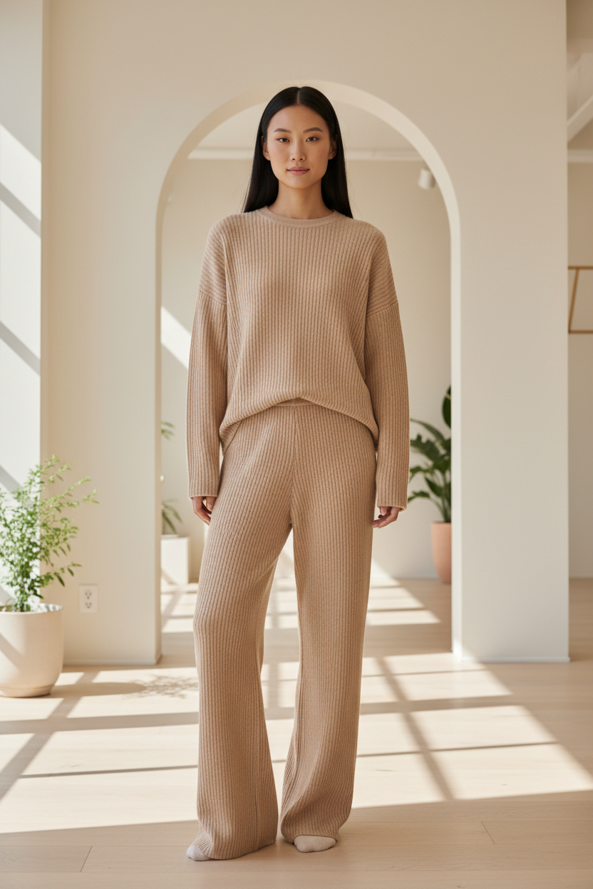 Luxury Ribbed Knit Lounge Set — Soft Beige, Front Standing Pose