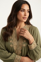 Boho Embroidered Blouse in Olive Moss - Close Up Touching Embroidery