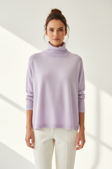 Luxury turtleneck sweater in Powder Lilac, front facing pose