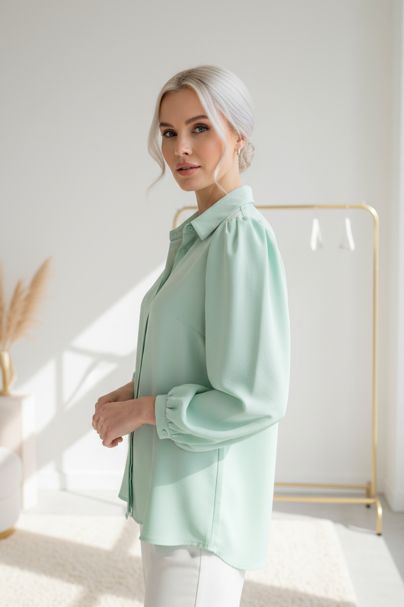 Luxury puff-sleeve shirt in Ice Mint Green, three-quarter turn pose