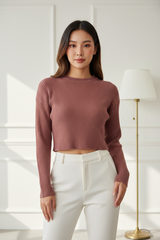 Luxury cropped ribbed sweater in Dusty Rosewood, front facing pose