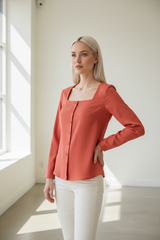 Square-Neck Blouse in Burnt Coral - Three Quarter Hand on Hip