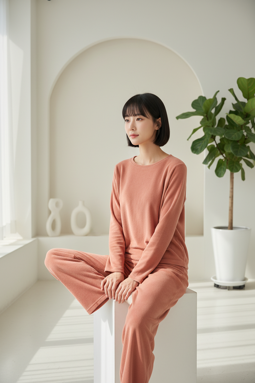 Luxury Soft-Touch Lounge Separates — Muted Coral, Seated Cross-Legged