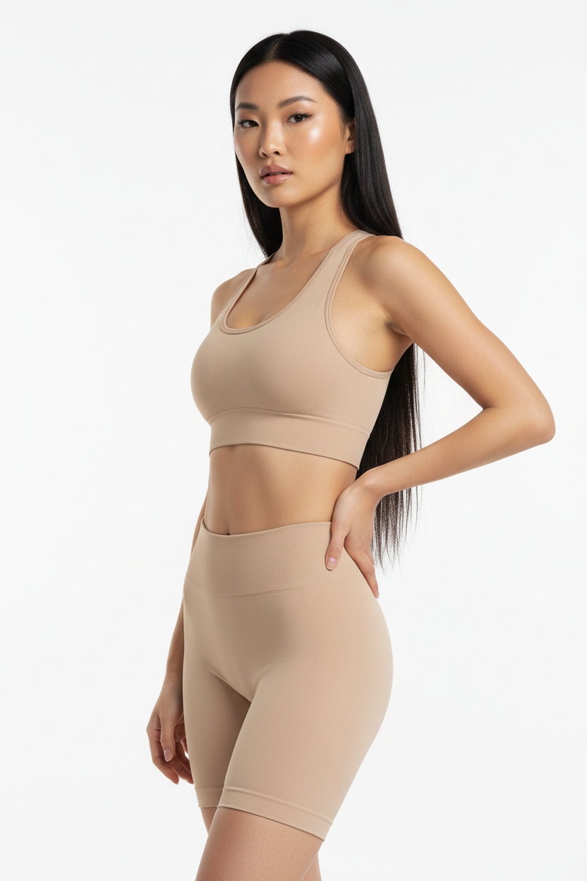Seamless Sports Bra & Biker Shorts Set in Beige Nude — Three-Quarter Angle