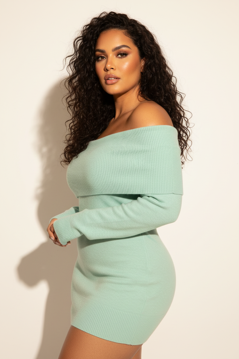 Luxury off-shoulder sweater in Frosted Mint, three-quarter turn pose