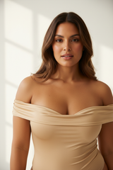 Luxury Off-Shoulder Draped Bodysuit in Champagne Beige - Drape Detail