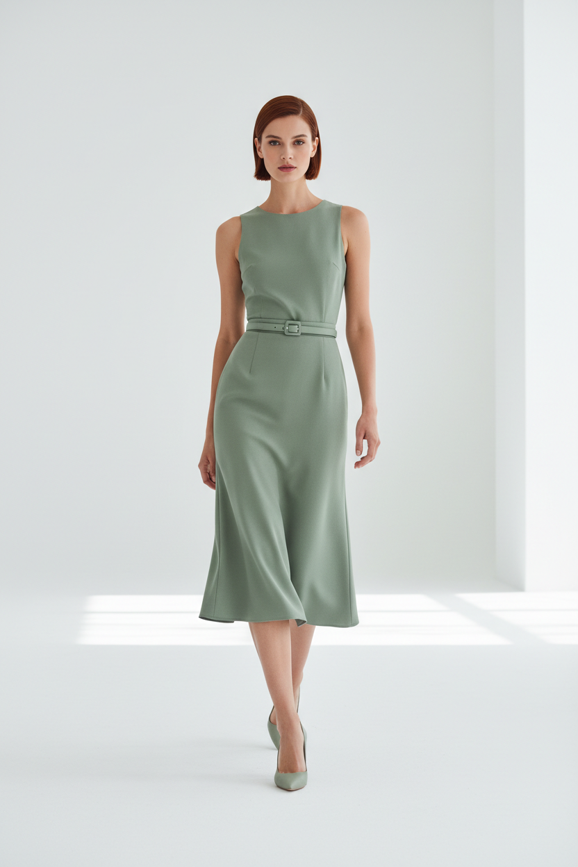 Women's elegant midi skirt set in sage green, graceful walking pose