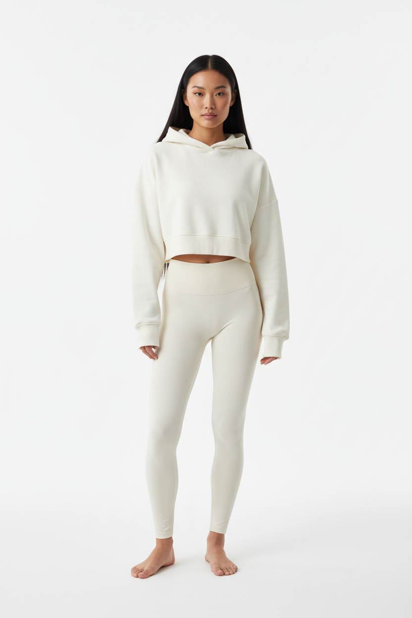 Oversized Cropped Hoodie & Seamless Leggings Set in Cream White — Front Full-Body