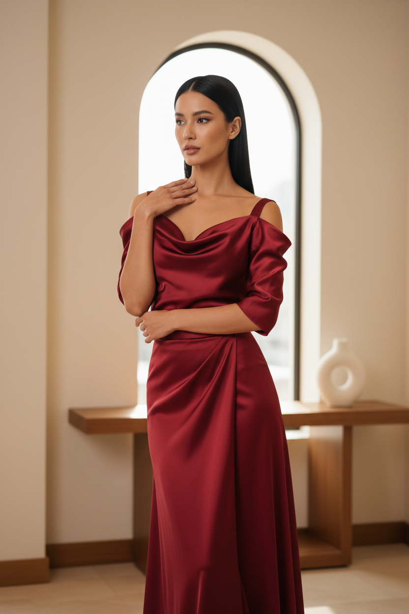 Luxury Satin Fashion Set in Satin Ruby Red - Detail Close-up