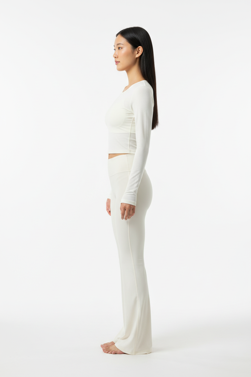 Long Sleeve Performance Top & Flared Yoga Pants Set in Ivory White — Side Profile