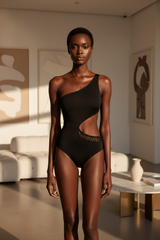 Luxe One-Shoulder Cutout Swimsuit in Matte Black – front-facing pose