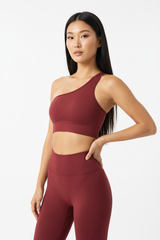 One-Shoulder Sports Bra & Seamless Sculpt Leggings Set in Wine Red — Three-Quarter Angle