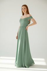Luxury Off-Shoulder Maxi Dress in Sage Green - 3/4 hand on hip pose