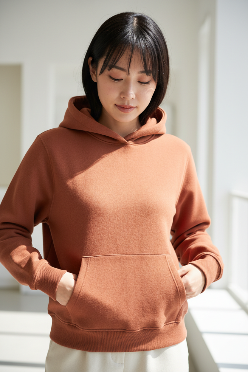 Luxury pullover hoodie in Dusty Terracotta, detail close-up of kangaroo pocket and fleece texture