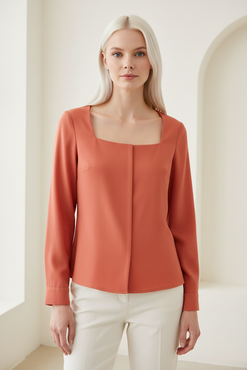 Square-Neck Blouse in Burnt Coral - Front Pose