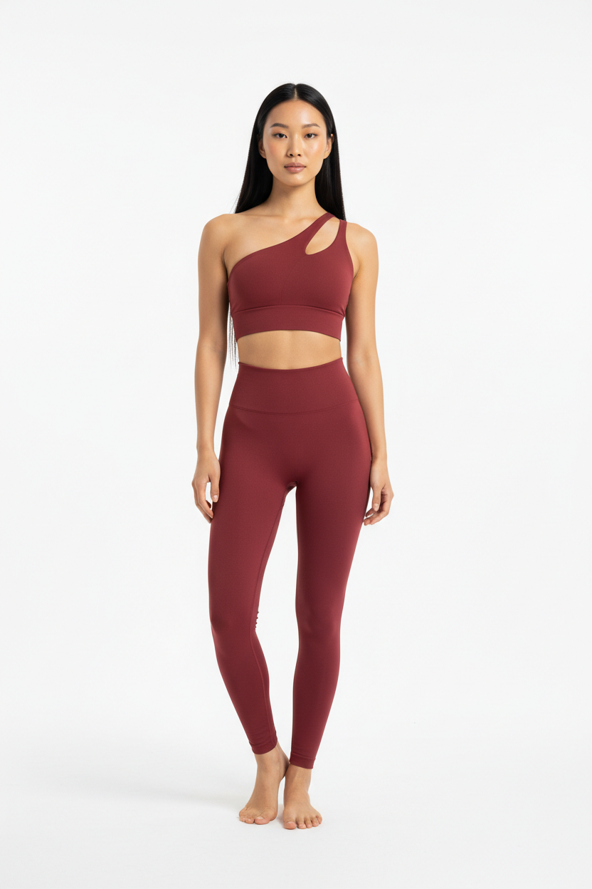 One-Shoulder Sports Bra & Seamless Sculpt Leggings Set in Wine Red — Front Full-Body
