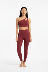 One-Shoulder Sports Bra & Seamless Sculpt Leggings Set in Wine Red — Front Full-Body