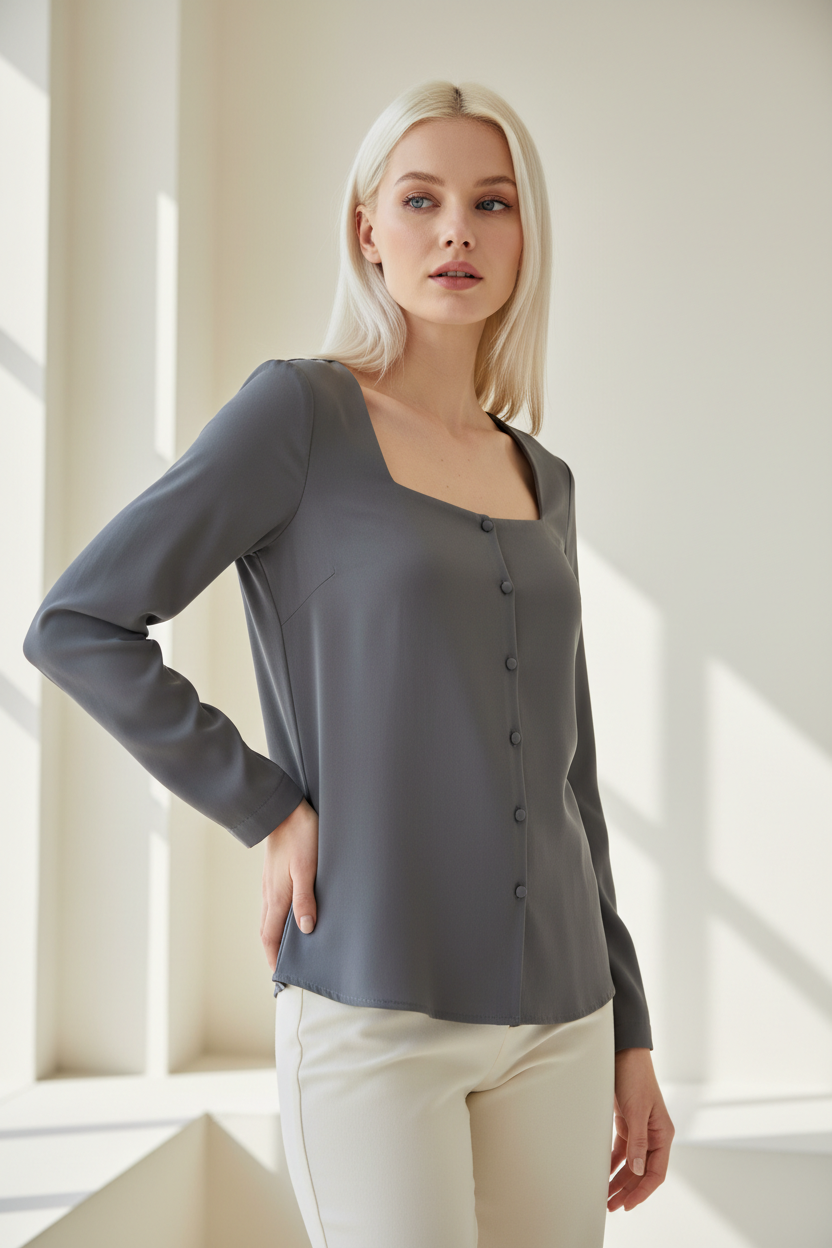 Square-Neck Blouse in Slate Grey - Three Quarter Hand on Hip