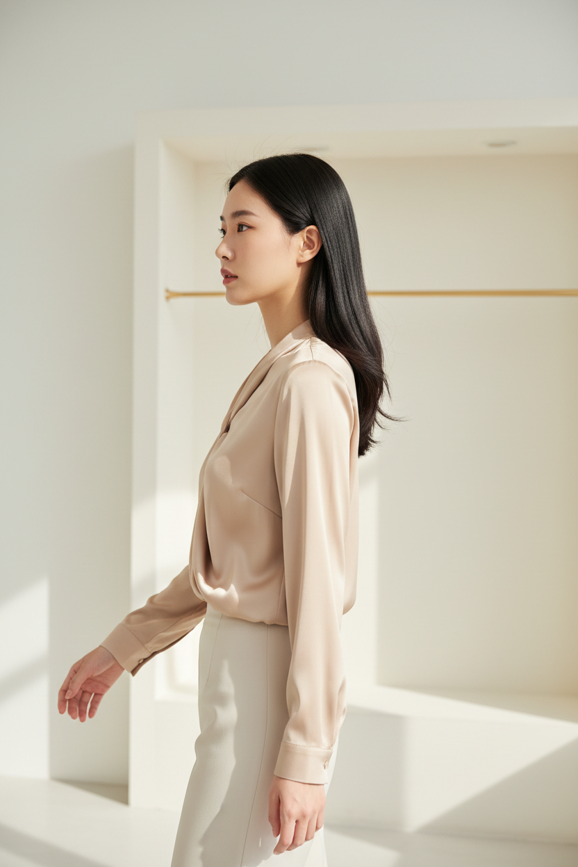 Satin Blouse in Soft Beige - Side Profile Walking