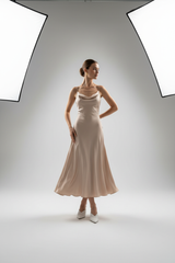 Midi Dress in Soft Beige - Model Wearing