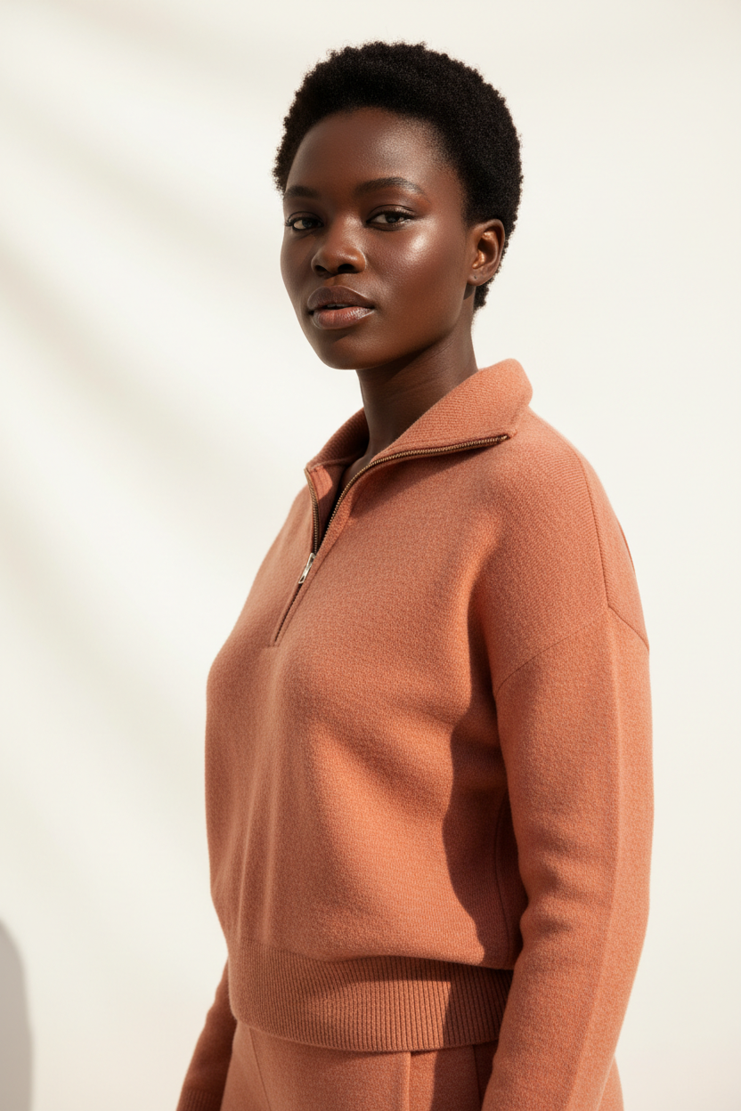 Luxury zip-neck sweater in Soft Terracotta, three-quarter turn pose