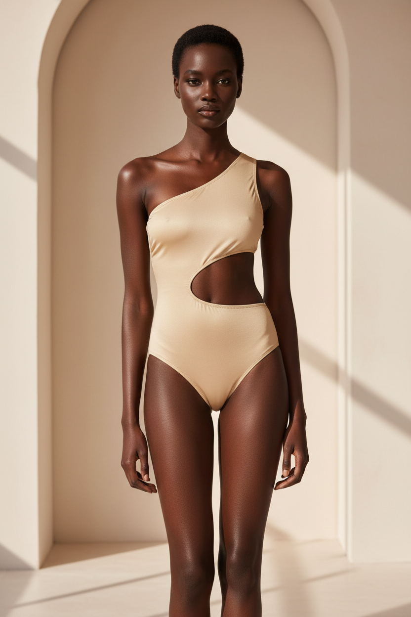 Luxe One-Shoulder Cutout Swimsuit in Champagne Beige – front-facing pose