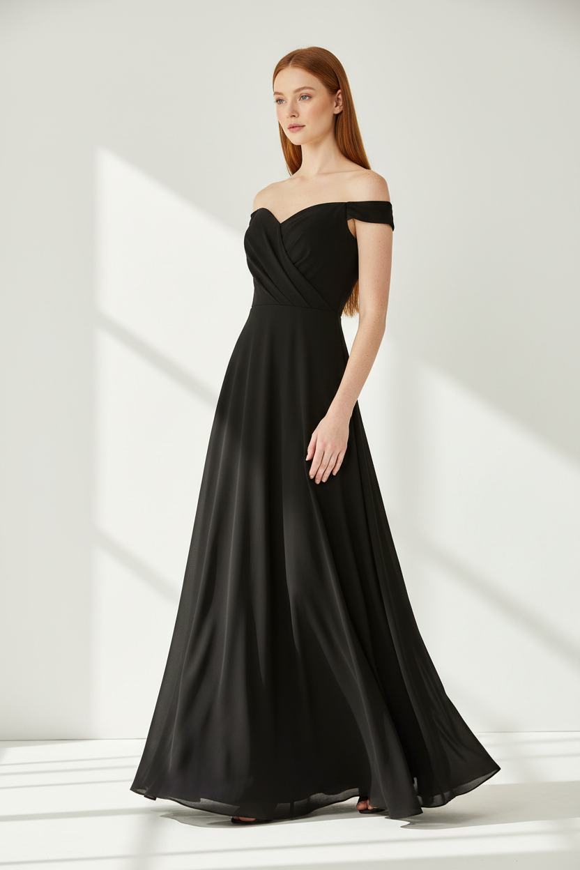 Luxury Off-Shoulder Maxi Dress in Matte Black - 3/4 hand on hip pose