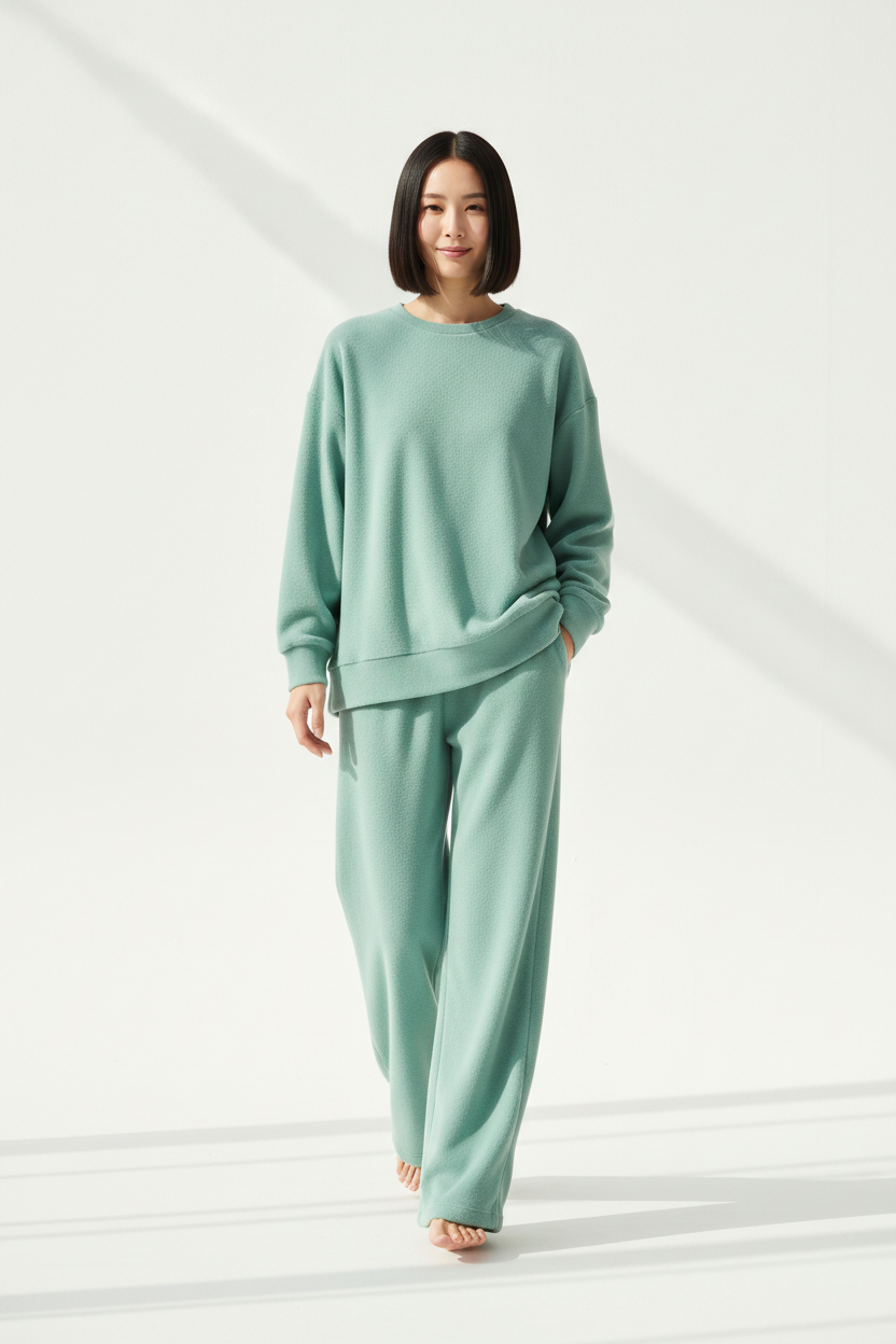 Luxury Oversized Sweatshirt Lounge Set — Soft Mint Green, Walking with Hands in Pocket