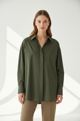 Oversized cotton shirt in Forest Olive, front facing pose