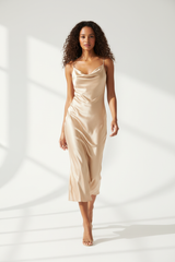 Luxury Satin Slip Dress in Champagne Gold - walking pose