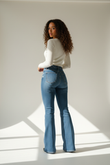 Premium Women's Flared Denim Pants in Vintage Blue - Back View