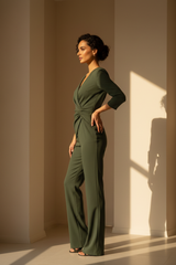Luxury fitted jumpsuit in Olive Green – side profile