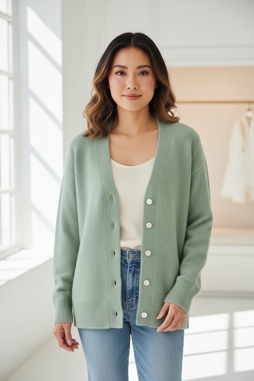 Luxury cardigan sweater in Soft Pistachio, front facing pose