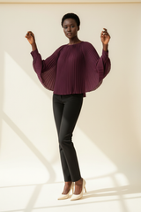 Pleated Blouse in Deep Plum - Three Quarter Draped Sleeves Raised