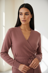 Luxury wrap sweater in Velvet Rose, detail close-up of waist-tie and knit texture