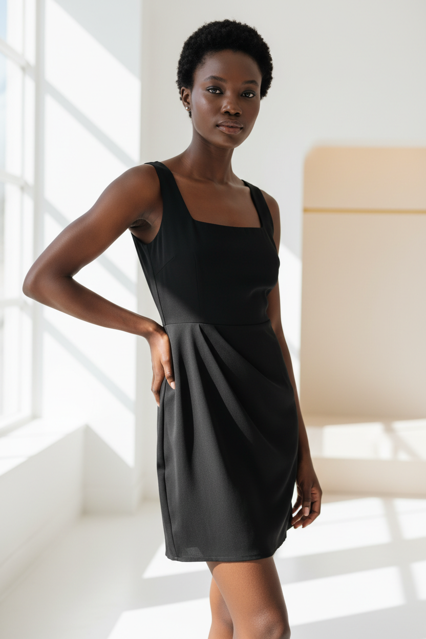Luxury Square-Neck Mini Dress in Matte Black - hand on hip pose