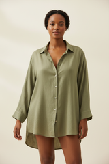 Luxury linen oversized shirt in Soft Moss Green, front facing pose
