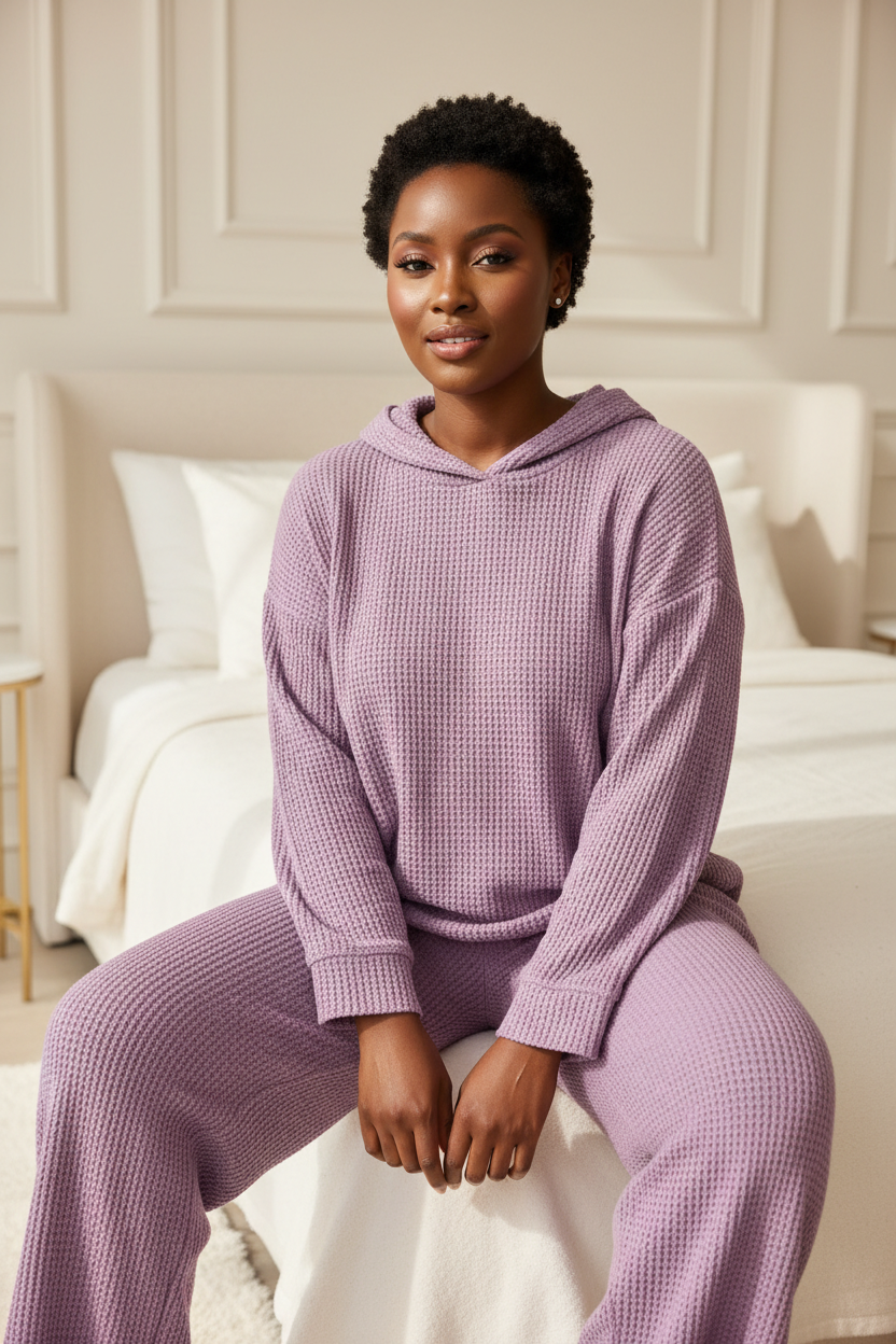 Luxury Waffle Knit Lounge Set — Lavender Purple, Seated on Bed