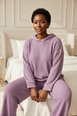 Luxury Waffle Knit Lounge Set — Lavender Purple, Seated on Bed