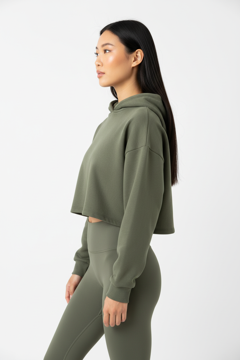 Oversized Cropped Hoodie & Seamless Leggings Set in Olive Green — Side Profile