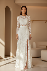 Elegant Embroidered Lace Fashion Set in Ivory White - Front View