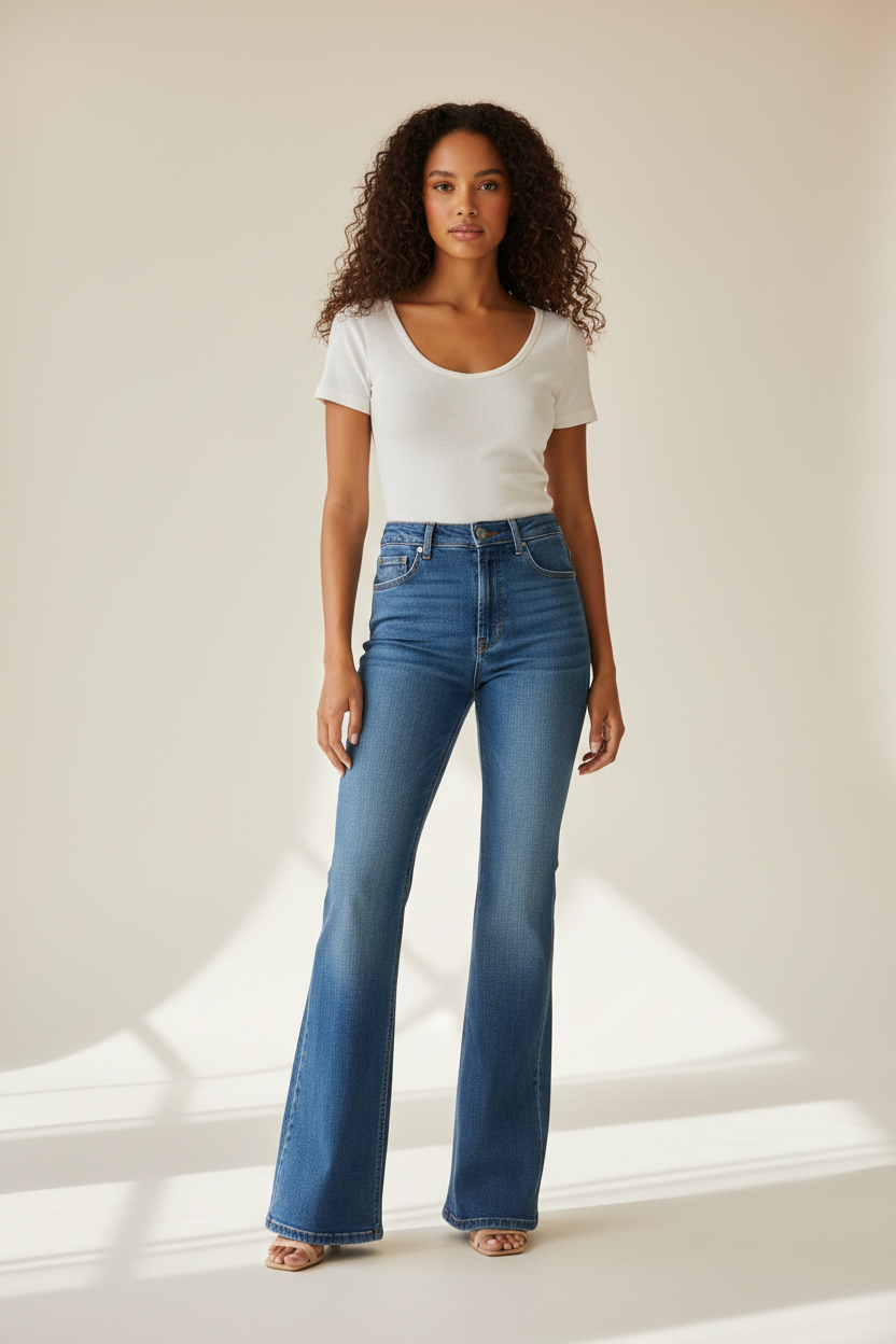 Premium Women's Flared Denim Pants in Vintage Blue - Front View