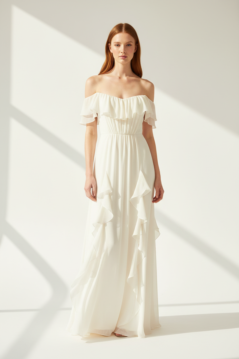 Luxury Off-Shoulder Maxi Dress in Soft Ivory - front-facing pose