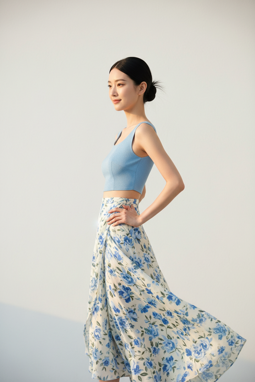 Women's floral wrap skirt set in floral blue, three-quarter turn pose